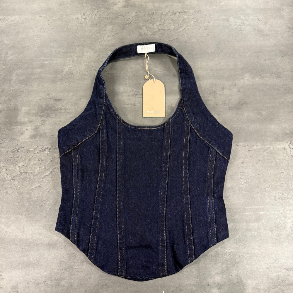 Meshki Halter Top Womens S Meadow Denim Corset Indigo Blue Panelled NEW $85